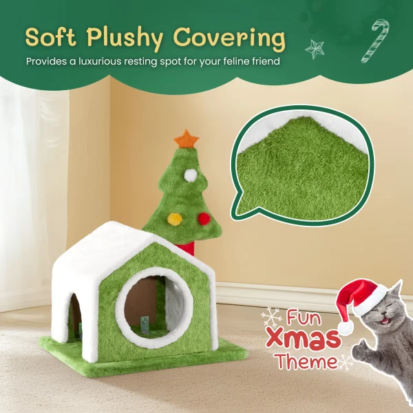 24-Inch Christmas Cat House – Plush Holiday Cat Bed with Tree Décor & Dual Openings