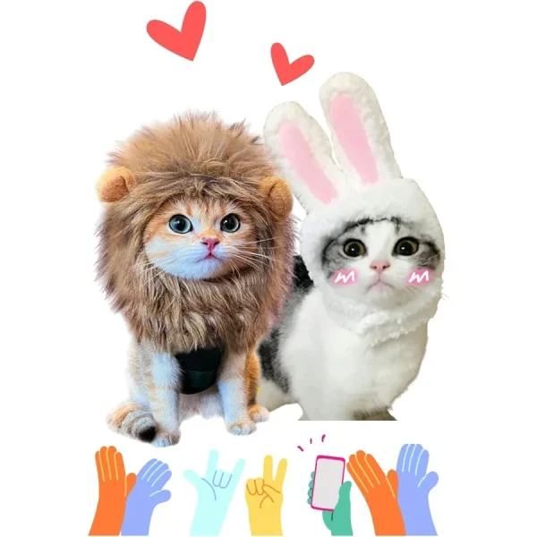 2-Pack Cat Halloween Costumes – Lion Mane & Bunny Hat with Ears